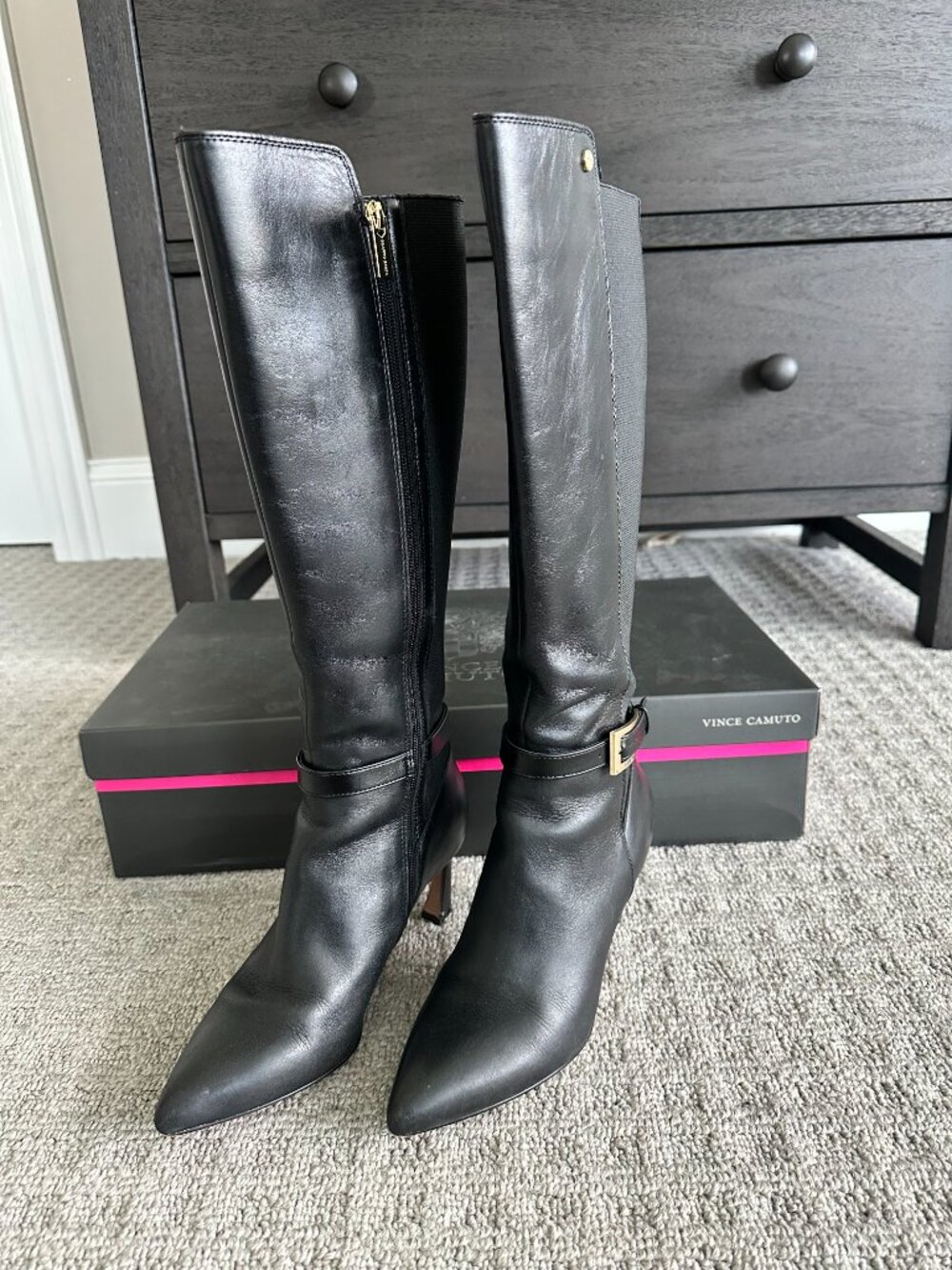 Vince Camuto Debnee Black Leather Knee High Boots Pointed Toe Gold Buckle Stilet - Picture 9 of 9